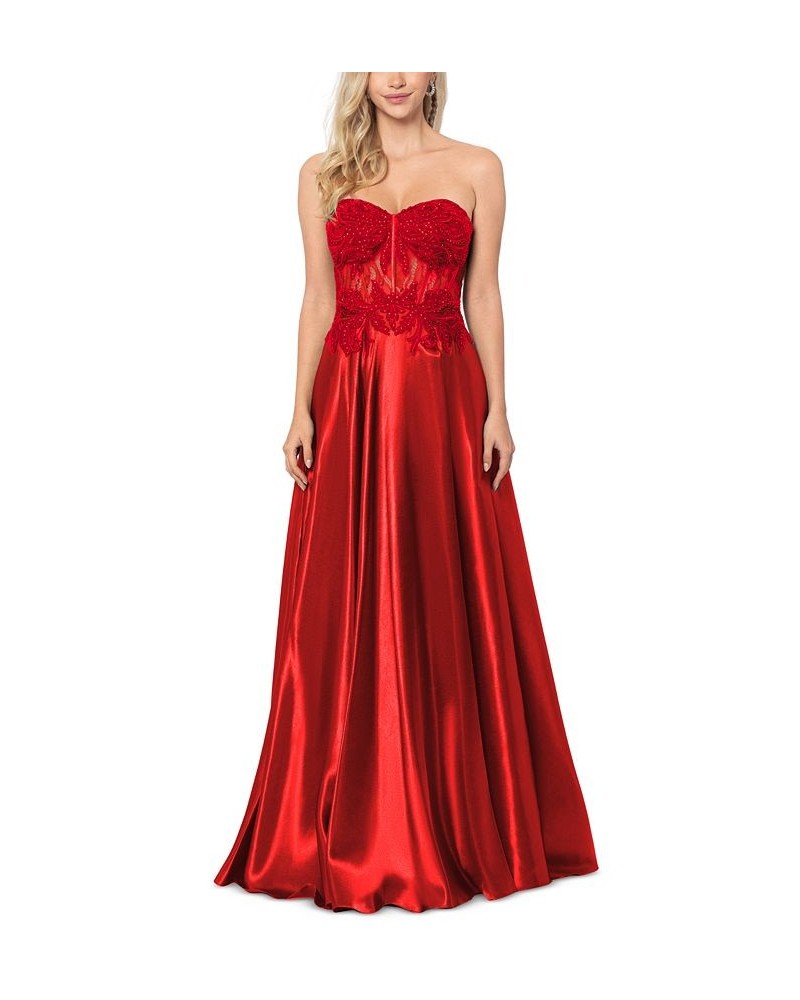 Juniors' Illusion Appliqué Charmeuse Gown Red $117.18 Dresses