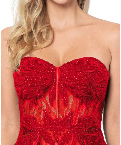 Juniors' Illusion Appliqué Charmeuse Gown Red $117.18 Dresses