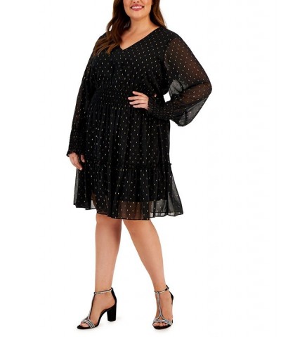 Plus Size Clip-Dot Long-Sleeve Chiffon Dress Black/gold $34.94 Dresses