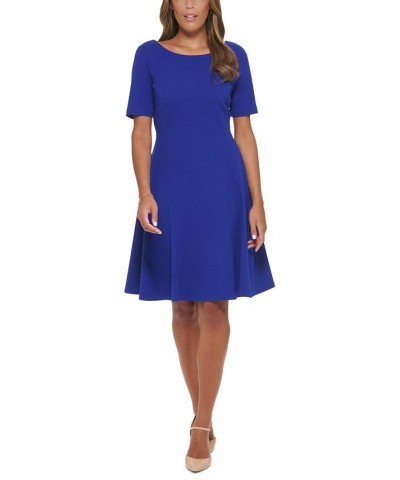 Women's Boat Neck Seamed A-Line Dress Blue $37.73 Dresses