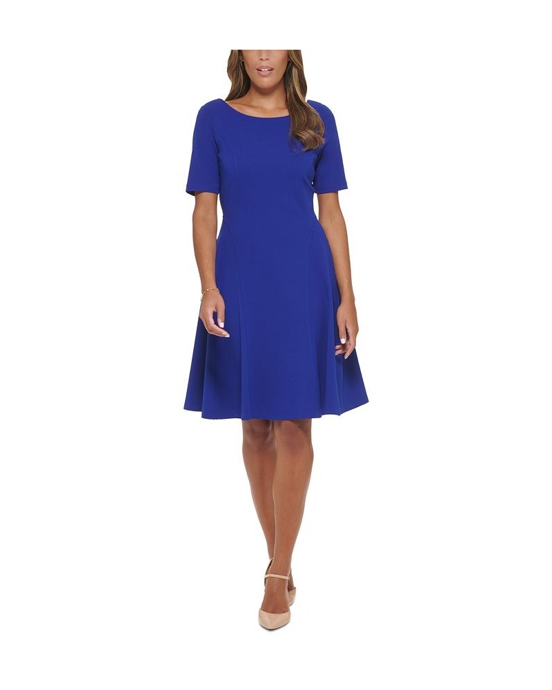 Women's Boat Neck Seamed A-Line Dress Blue $37.73 Dresses