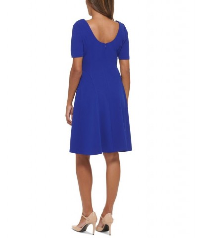 Women's Boat Neck Seamed A-Line Dress Blue $37.73 Dresses