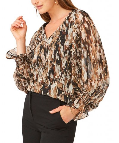 Petite V-Neck Blouson-Sleeve Printed Chiffon Top Tan $42.66 Tops