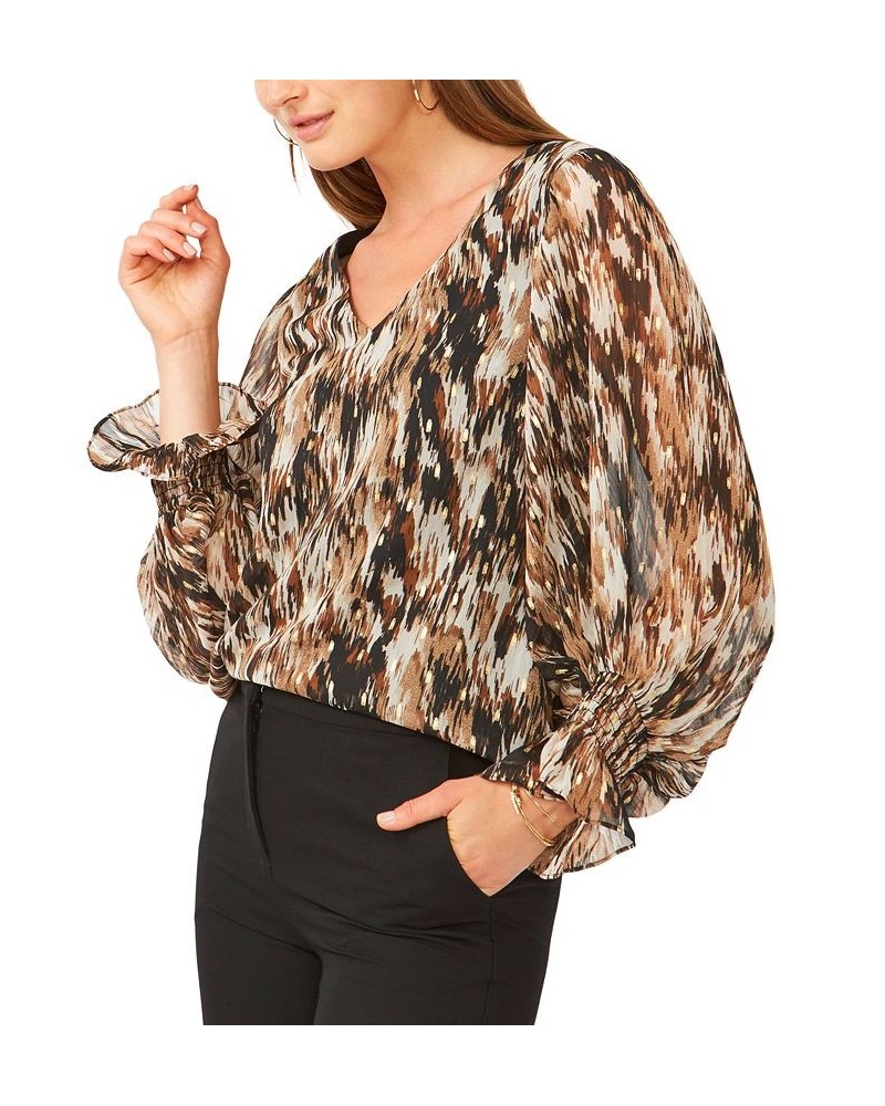 Petite V-Neck Blouson-Sleeve Printed Chiffon Top Tan $42.66 Tops