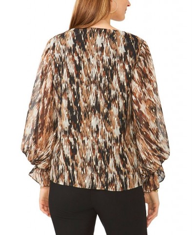 Petite V-Neck Blouson-Sleeve Printed Chiffon Top Tan $42.66 Tops