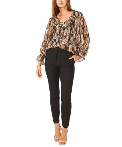 Petite V-Neck Blouson-Sleeve Printed Chiffon Top Tan $42.66 Tops