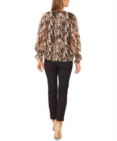 Petite V-Neck Blouson-Sleeve Printed Chiffon Top Tan $42.66 Tops