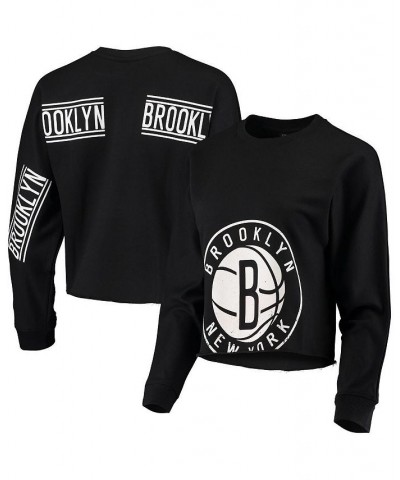 Women's Black Brooklyn Nets Cropped Long Sleeve T-shirt Black $31.79 Tops