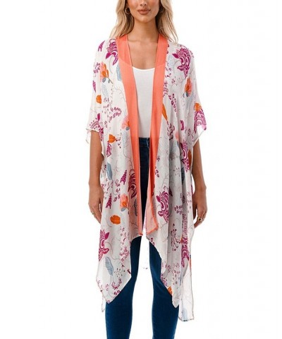 Women's Lightweight Tossed Floral Kimono Wrap Coral $31.17 Tops