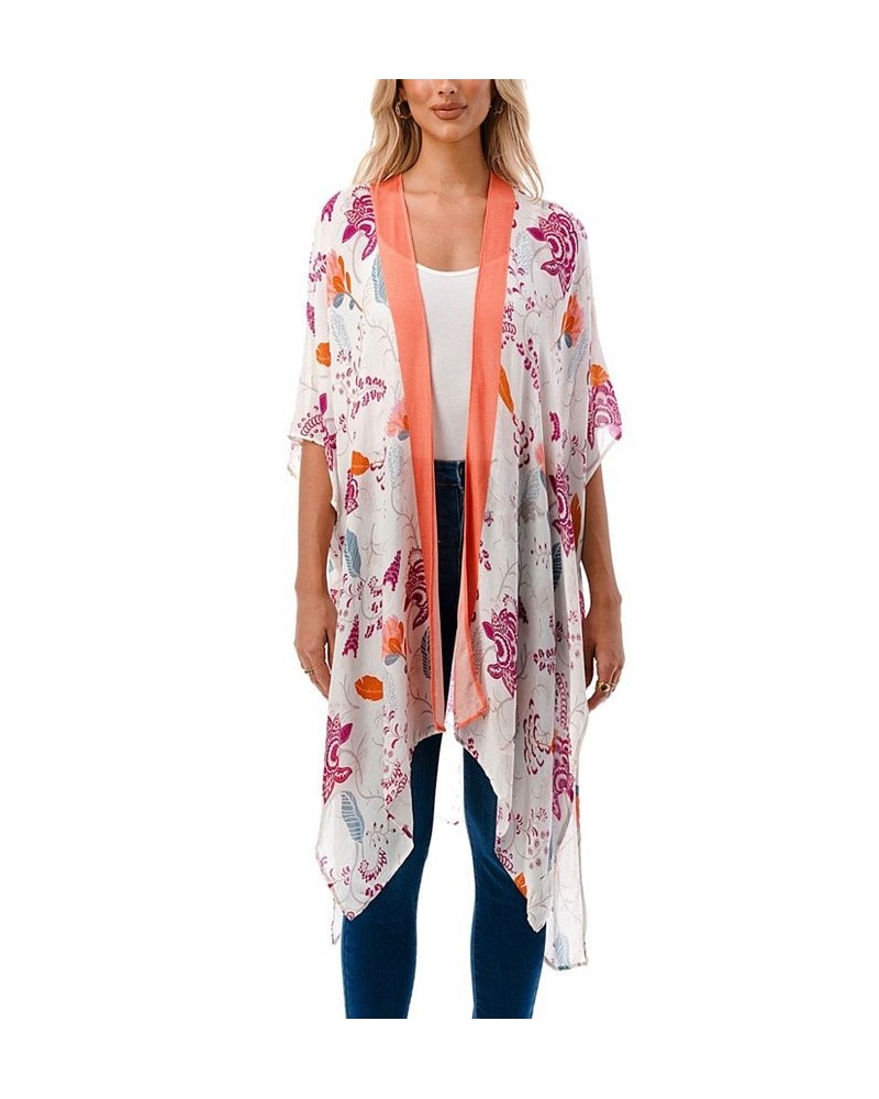 Women's Lightweight Tossed Floral Kimono Wrap Coral $31.17 Tops