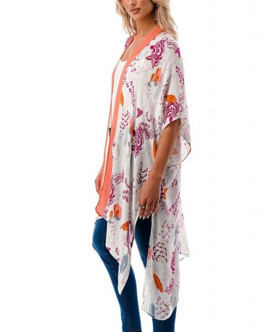 Women's Lightweight Tossed Floral Kimono Wrap Coral $31.17 Tops