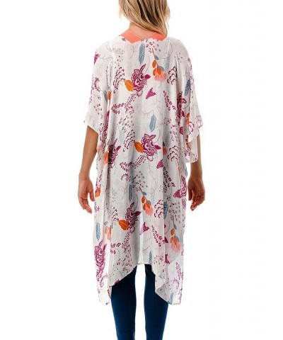 Women's Lightweight Tossed Floral Kimono Wrap Coral $31.17 Tops