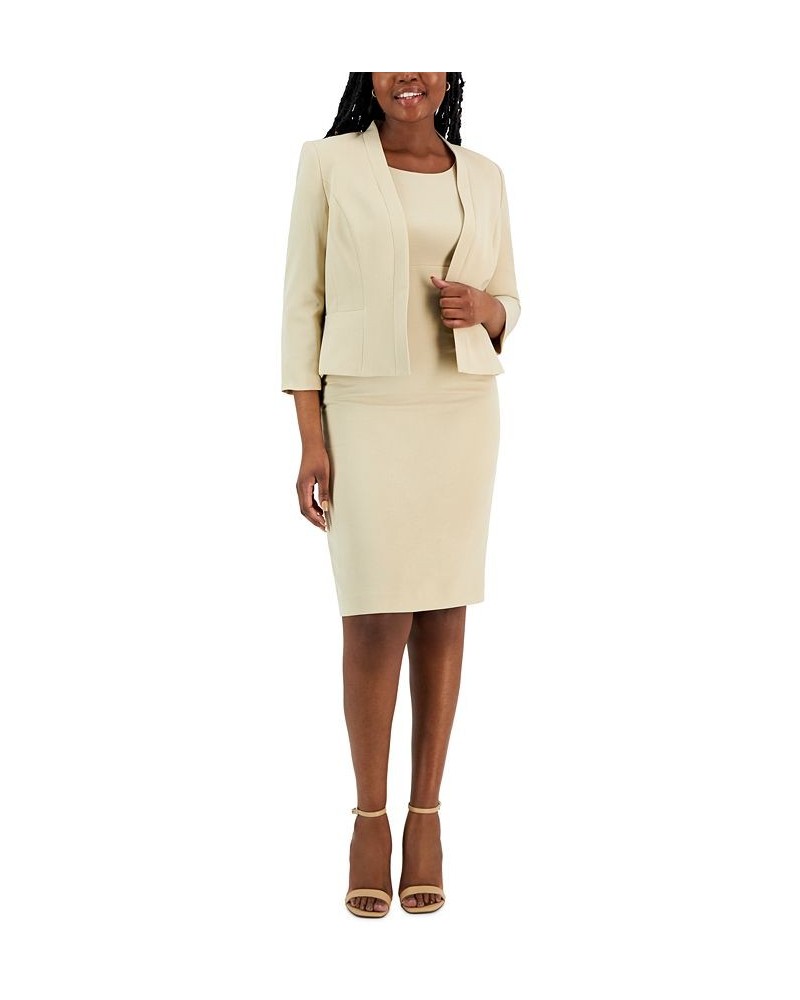 Crepe Open Front Jacket & Crewneck Sheath Dress Suit Regular and Petite Sizes Tan/Beige $130.20 Suits