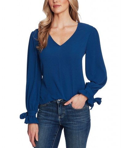 Women's Solid Long Sleeve V-Neck Tie-Cuff Blouse Night Horizon $43.45 Tops