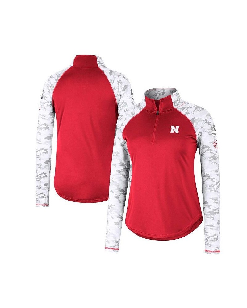 Women's Nebraska Huskers OHT Military-Inspired Appreciation Flash Arctic Camo Raglan Quarter-Zip Jacket Scarlet $31.89 Jackets