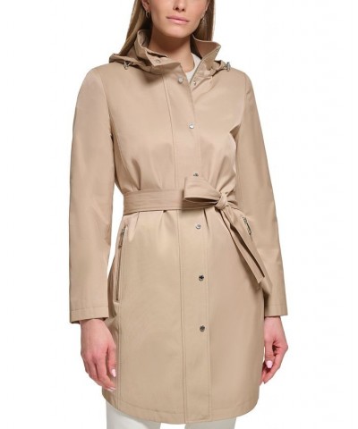 Women's Petite Zip-Front Hooded Belted Raincoat Tan/Beige $50.40 Coats