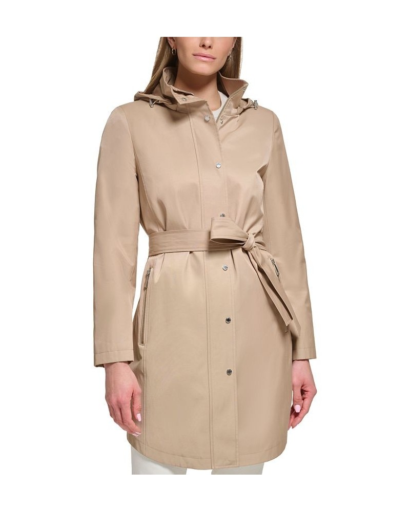 Women's Petite Zip-Front Hooded Belted Raincoat Tan/Beige $50.40 Coats