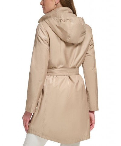 Women's Petite Zip-Front Hooded Belted Raincoat Tan/Beige $50.40 Coats