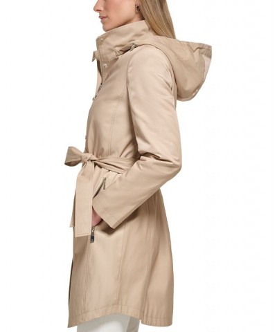 Women's Petite Zip-Front Hooded Belted Raincoat Tan/Beige $50.40 Coats