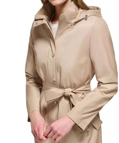 Women's Petite Zip-Front Hooded Belted Raincoat Tan/Beige $50.40 Coats