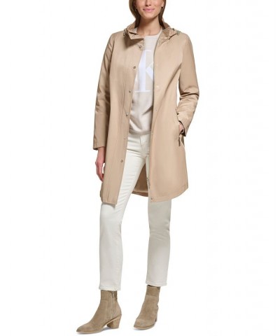 Women's Petite Zip-Front Hooded Belted Raincoat Tan/Beige $50.40 Coats