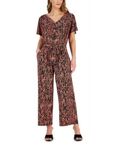 Women's Printed Cowlneck Jumpsuit Black & Coral $22.28 Pants