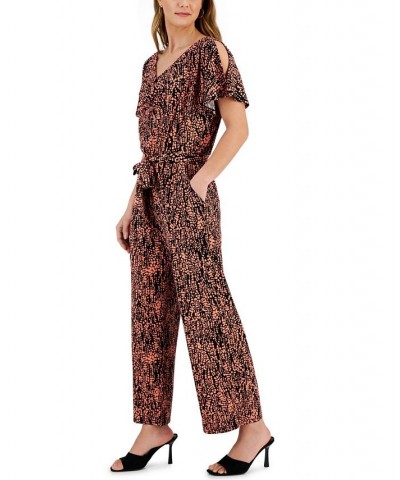 Women's Printed Cowlneck Jumpsuit Black & Coral $22.28 Pants