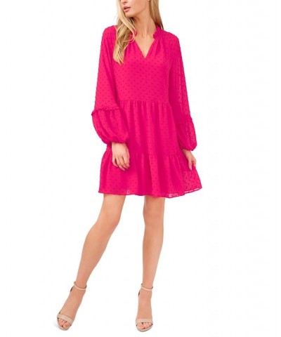 Women's Long Sleeve V-Neck Ruffled Clip-Dot Dress Bright Rose $38.15 Dresses