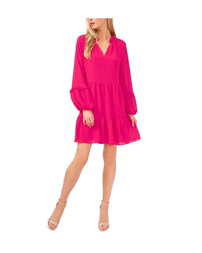 Women's Long Sleeve V-Neck Ruffled Clip-Dot Dress Bright Rose $38.15 Dresses