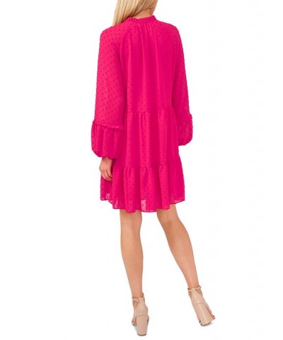 Women's Long Sleeve V-Neck Ruffled Clip-Dot Dress Bright Rose $38.15 Dresses