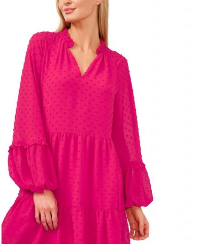 Women's Long Sleeve V-Neck Ruffled Clip-Dot Dress Bright Rose $38.15 Dresses