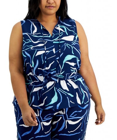 Plus Size Printed Smocked Peplum Tank Blazing Navy $9.66 Tops