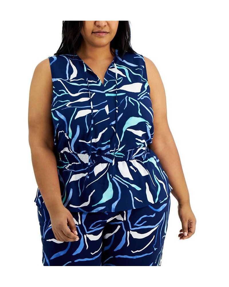 Plus Size Printed Smocked Peplum Tank Blazing Navy $9.66 Tops