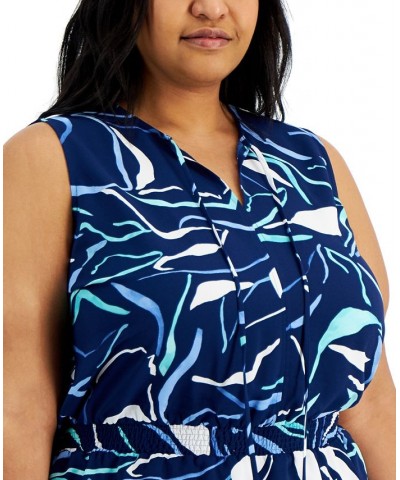 Plus Size Printed Smocked Peplum Tank Blazing Navy $9.66 Tops