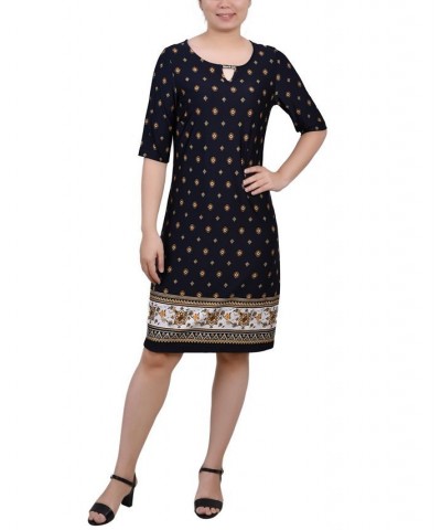 Petite Elbow Sleeve Knee Length Dress with Hardware Navy Taupe Floral $21.46 Dresses