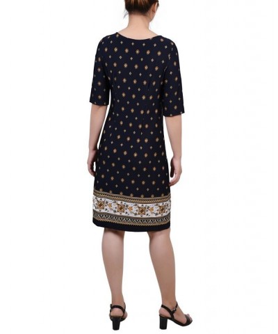 Petite Elbow Sleeve Knee Length Dress with Hardware Navy Taupe Floral $21.46 Dresses