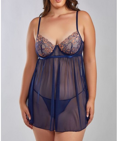 Lana Plus Size Underwire Soft Lace and Mesh Babydoll Lingerie Set 2 Piece Navy-Blue $44.01 Lingerie