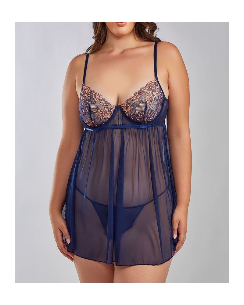 Lana Plus Size Underwire Soft Lace and Mesh Babydoll Lingerie Set 2 Piece Navy-Blue $44.01 Lingerie