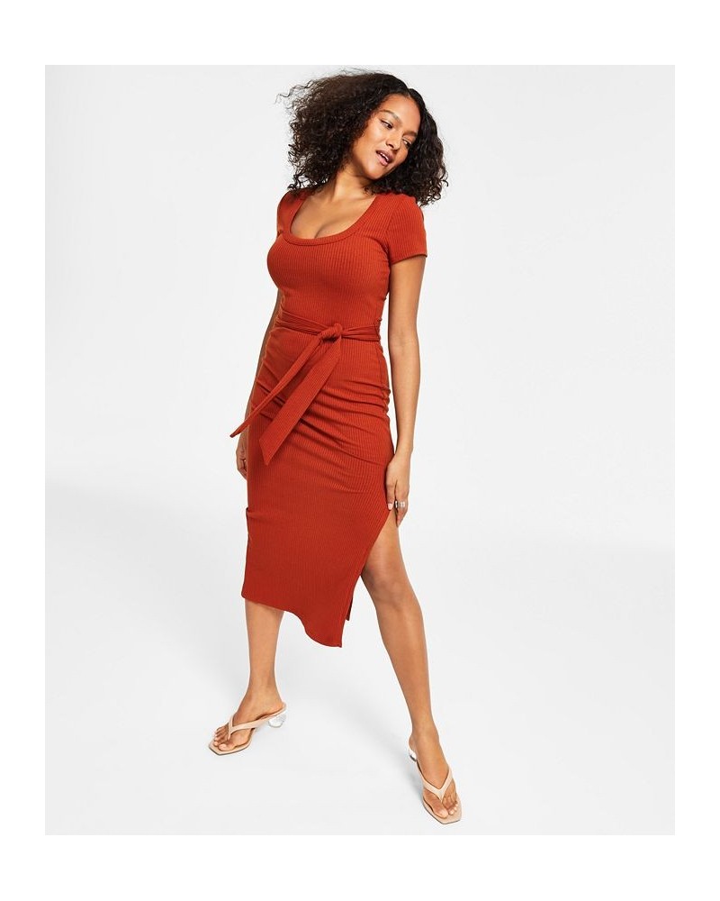 Women's Ribbed Short-Sleeve Midi Dress Brown $23.31 Dresses