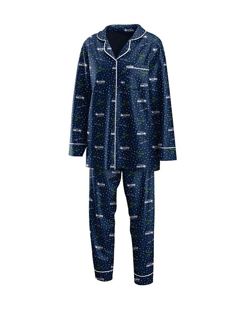 Women's College Navy Seattle Seahawks Plus Size Long Sleeve Button-Up Shirt Pants Sleep Set College Navy $30.75 Pajama