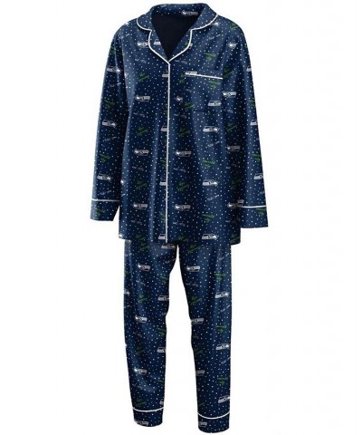 Women's College Navy Seattle Seahawks Plus Size Long Sleeve Button-Up Shirt Pants Sleep Set College Navy $30.75 Pajama