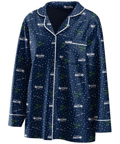 Women's College Navy Seattle Seahawks Plus Size Long Sleeve Button-Up Shirt Pants Sleep Set College Navy $30.75 Pajama