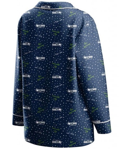 Women's College Navy Seattle Seahawks Plus Size Long Sleeve Button-Up Shirt Pants Sleep Set College Navy $30.75 Pajama