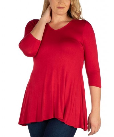 Women's Plus Size Three Quarter Sleeves V-Neck Tunic Top Red $36.17 Tops