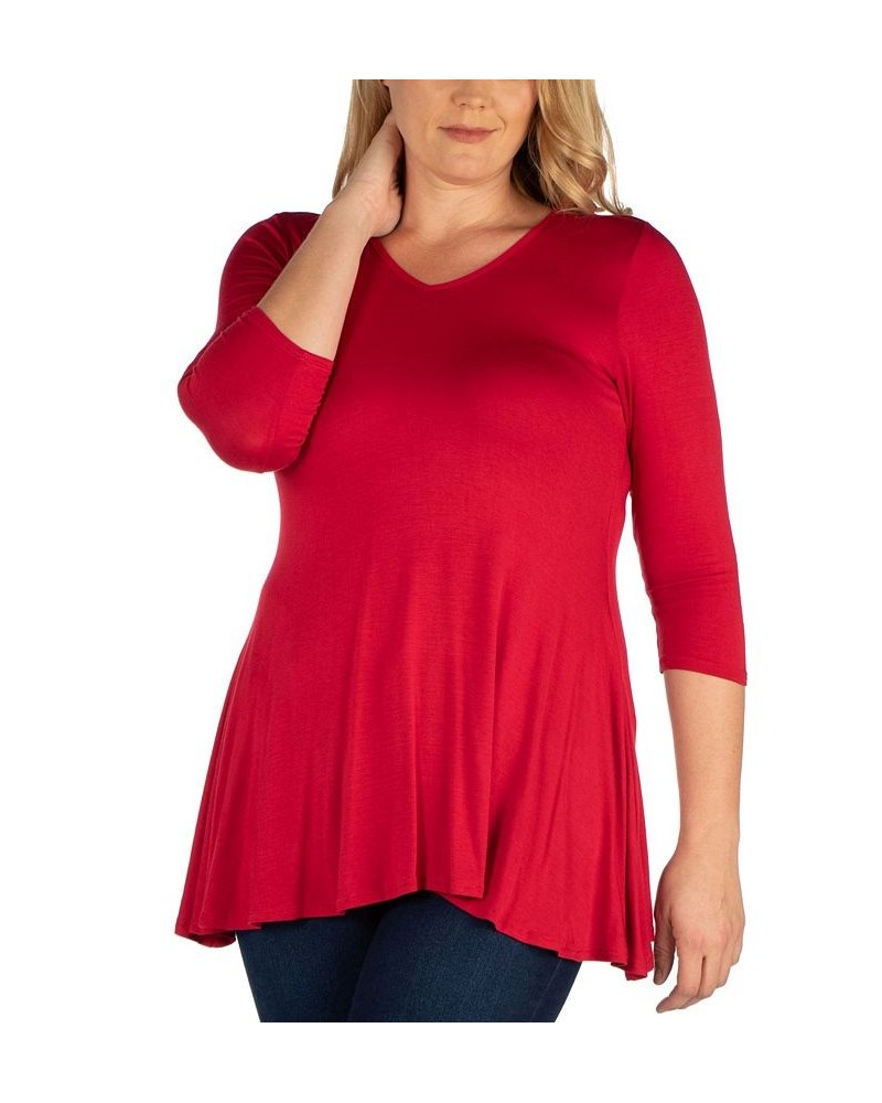 Women's Plus Size Three Quarter Sleeves V-Neck Tunic Top Red $36.17 Tops