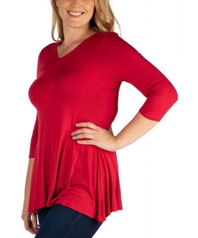 Women's Plus Size Three Quarter Sleeves V-Neck Tunic Top Red $36.17 Tops