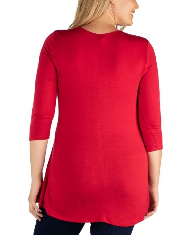 Women's Plus Size Three Quarter Sleeves V-Neck Tunic Top Red $36.17 Tops