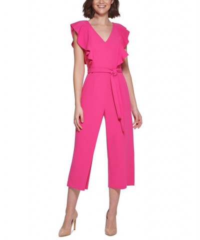 Women's Ruffled Tie-Waist Cropped Jumpsuit Hot Pink $56.62 Pants