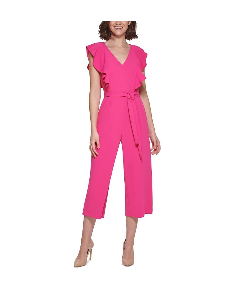 Women's Ruffled Tie-Waist Cropped Jumpsuit Hot Pink $56.62 Pants