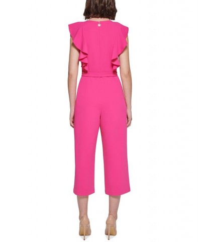 Women's Ruffled Tie-Waist Cropped Jumpsuit Hot Pink $56.62 Pants